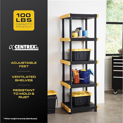 BLACK & YELLOW 5-Tier Heavy Duty Plastic Storage Shelving Unit, 5 Shelves Support up to 100lb/shelf, Organization and Storage, Weather-Resistant Design, Easy Assembly, American Made (72H x 24W x 20D)