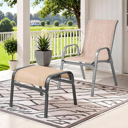 ONBRILL Outdoor Ottoman Set of 2, All Weather Outdoor Foot Stool with Supportive Textliene and Metal Frame, Stackable Oversized Outdoor Foot Rest for Furniture Patio Garden Pool, Beige