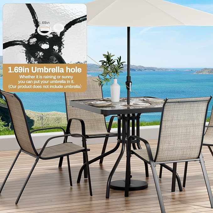 Arlopu 5 Piece Outdoor Patio Dining Set (Umbrella not Included), Porch Furniture with 4 Textline Chairs, 1 Square Glass Table for Garden, Backyard and Poolside, Lawn (Browm)