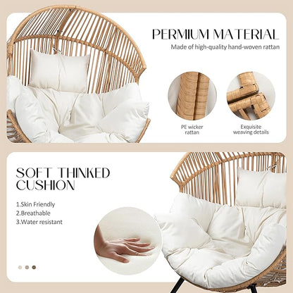 JAMFLY Egg Chair Rocking Chairs, Wicker Patio Chair Oversized Lounger Chair with Cushion for Indoor Living Room Bedroom Outdoor Patio Backyard Balcony Garden, Beige
