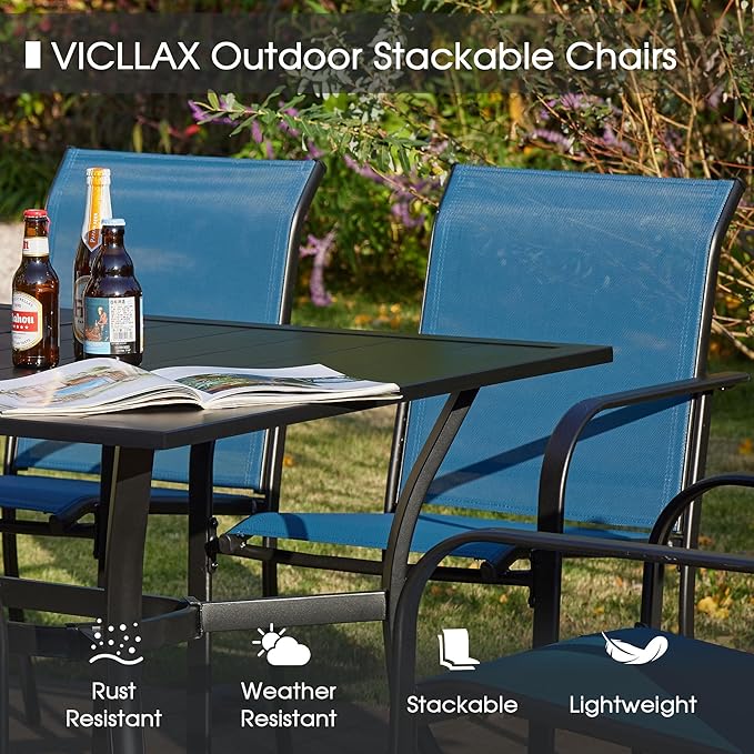 VICLLAX Patio Dining Set for 4, Alll Weather Metal Outdoor Furniture Set Includes 1 Square Outdoor Table and 4 Stackable Patio Chairs, Black Table and Blue Chairs