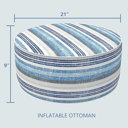 LVTXIII Inflatable Stool Ottoman Footrest with Handle, Decorative Fade-Resistant Foot Stool, Indoor or Outdoor Pouf for Home Garden and Camping Use, D21 x W 21 x H9, Stripe Layered Blue