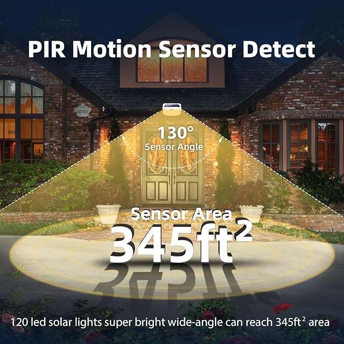 HMCITY 120 LED Solar Lights Outdoor with Motion Sensor and 3 Lighting Modes, IP65 Waterproof Wide Solar Wall Lights Ideal for Garden Patio Yard (Front Button 6Packs, White Shell-Warm White)