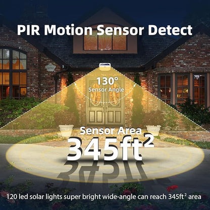 HMCITY 120 LED Solar Lights Outdoor with Motion Sensor and 3 Lighting Modes, IP65 Waterproof Wide Solar Wall Lights Ideal for Garden Patio Yard (Front Button 6Packs, White Shell-Warm White)