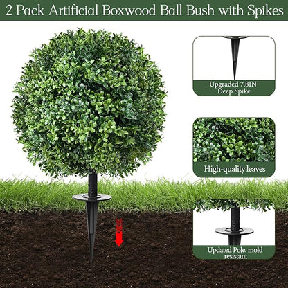 Artificial Topiary Bushes for Outdoors with Spike, Boxwood Ball Fake Shrubs UV Resistant Faux Plants for Indoor Outdoor Fall Thanksgiving Halloween Decor (Artificial Topiary Boxwood Ball Tree)