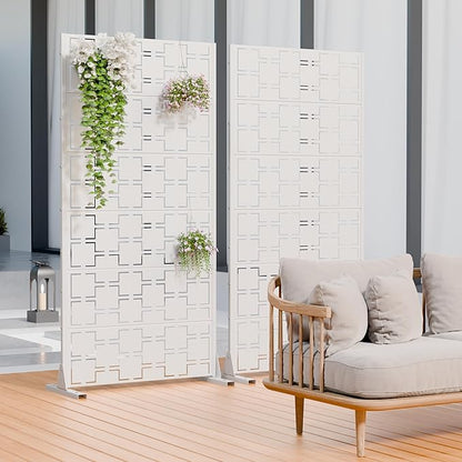 Casaphoria Metal Privacy Screen Outdoor, 72" H x 35" W Freestanding Decorative Privacy Screen for Patio Deck Balcony Garden with Stable Base, White-Square