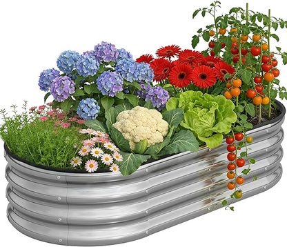 Galvanized Metal Raised Garden Bed Kit for Outdoor Planter Boxes with Easy Assembly,Oval Large Galvanized Gardening Raised Bed for Vegetables, Fruits, Flower (Silver, 4 * 2 * 1ft)