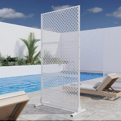 Casaphoria 72" H x 35" W Metal Outdoor Privacy Screen, Freestanding Decorative Divider for Patio, Deck, Balcony, and Garden with Stable Base, White-Jason