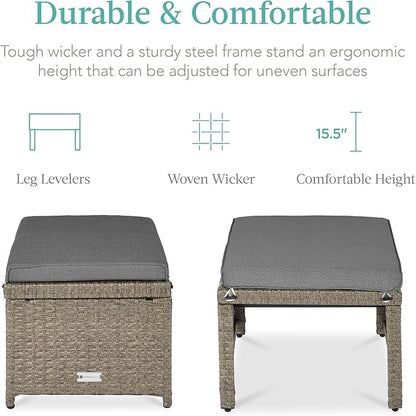 Best Choice Products Set of 2 Wicker Ottomans, Multipurpose Outdoor Furniture for Patio, Backyard, Additional Seating, Footrest, Side Table w/Removable Cushions, Steel Frame - Cement Gray/Taupe