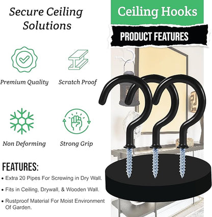 30 pcs Ceiling Hooks for Hanging Plants, Cups, Utensils and Lights - 1-1/4 inches Black Vinyl Coated Screw in Plant and Under Cabinet Cup Hooks for Wooden and Drywall with Anchors