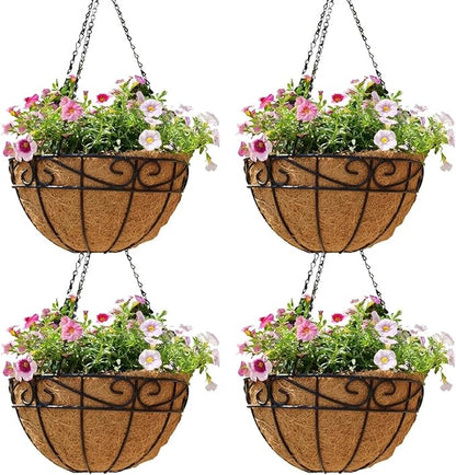 4 Pack 10 Inch Hanging Baskets for Plants Outdoor Metal Hanging Planter Hanging Flower Baskets with Coco Fiber Liners Chain Round Wire Plant Holder Hangings Flower Pots(Plaid)