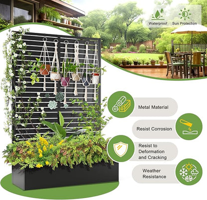 FENCY Metal Raised Garden Bed with Trellis, Metal Planter Box with Trellis, Garden Box for Climbing Plants Vegetable, 47" Lx16 Wx71 H Garden Bed with Drainage Holes(Black-Louvered)