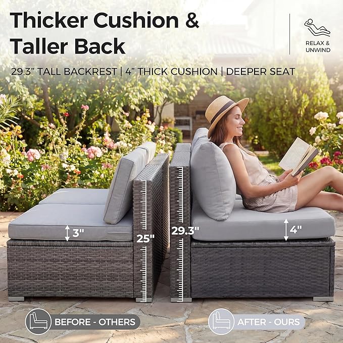 NICESOUL 13 Piece Outdoor Wicker Patio Furniture with Fire Pit, Oversized Grey Outdoor Seating Set with Fire Pit Table & Chaise Lounge, 29.3" High Back Sectional Couch Sets for Tall/Big Person
