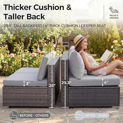 NICESOUL 10 Piece Modern Outdoor Patio Furniture Set with Firepit Natural Gas Propane Convertible, 29.3'' High Back Extra Large Size Wicker Conversation, Deep Wide Comfortable Couch for Outside, Grey