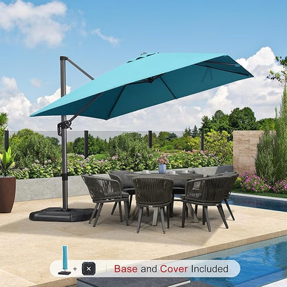 PURPLE LEAF 10'×10' Patio Umbrella with Base and Cover Outdoor Umbrella Large Cantilever Windproof Offset Heavy Duty Sun Umbrella for Garden Deck Pool Patio Turquoise Blue