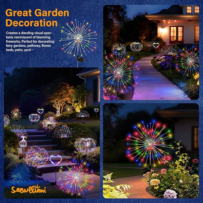 Solar Garden Lights Outdoor Decorative, 2pack 120 LED Firework Lights Waterproof，Solar Fairy Lights for Outside,Garden,Yard, Patio,Pathway,Flowerbed,Party(Multicolor)