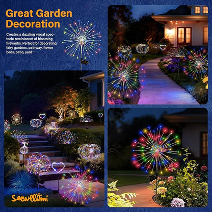 Solar Garden Lights Outdoor Decorative, 2pack 120 LED Firework Lights Waterproof，Solar Fairy Lights for Outside,Garden,Yard, Patio,Pathway,Flowerbed,Party(Multicolor)