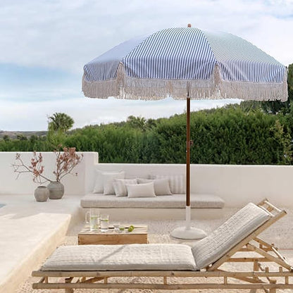 AMMSUN 7ft Patio Umbrella with Fringe Outdoor Tassel Umbrella UPF50+ Premium Steel Pole and Ribs Push Button Tilt, Navy Blue Stripes