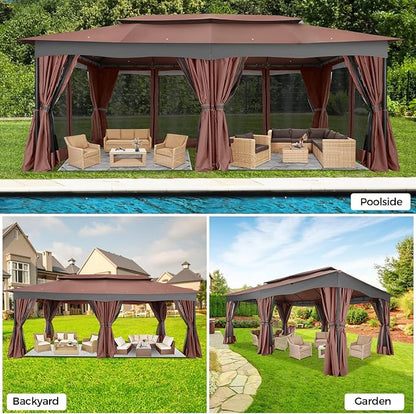 COBIZI Gazebo 12x20 Heavy Duty Gazebos with Curtain and Netting Outdoor Gazebo Canopy Double Roof Patio Gazebos with Metal Steel Frame for Patio, Deck, Backyard-Brown