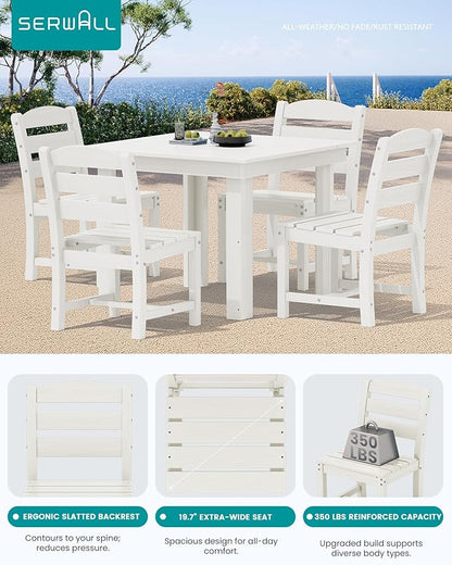 SERWALL Outdoor Dining Set for 4, HDPE Square Table and Chairs Set All Weather Patio Dining Set with 4 Armless Chairs for Patio, White