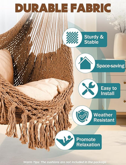 Chihee Hammock Chair Super Large Soft-Spun Cotton Rope Weaving Hanging Chair, Collapsible Strong Metal Spreader Bar Wide Seat Lace Stretch Swing Chairs Indoor Outdoor Garden Yard Theme Decoration