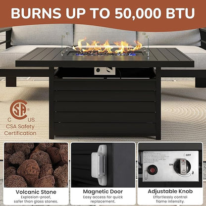 Solaste Aluminum Patio Furniture Set with 55 inch Fire Pit Table, 5 Piece Metal Outdoor Furniture with Water-Resistant Cushion, Modern Patio Conversation Set for Balcony, Front Porch, Backyard, Black