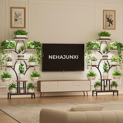 Plant Stand Indoor with 4 Grow Lights - 63" Tall Plant Shelf- 8 Tiered Corner Plant Flower Stands Display Shelves for Home, Patio (Brown)