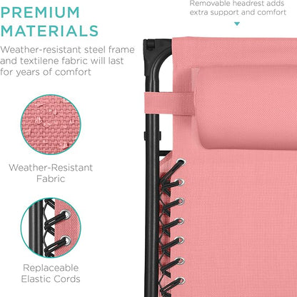 Best Choice Products 30” Wide Folding Zero Gravity Outdoor Recliner Patio Lounge Chair w/Adjustable Canopy Shade, Headrest, Side Accessory Tray - Pink