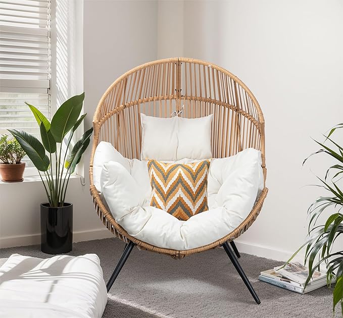 JAMFLY Egg Chair Wicker Outdoor Chairs, Oversized Patio Chair Oversized Lounger Chair with Cushion for Indoor Living Room, Bedroom, Outside Patio Backyard Balcony, Beige