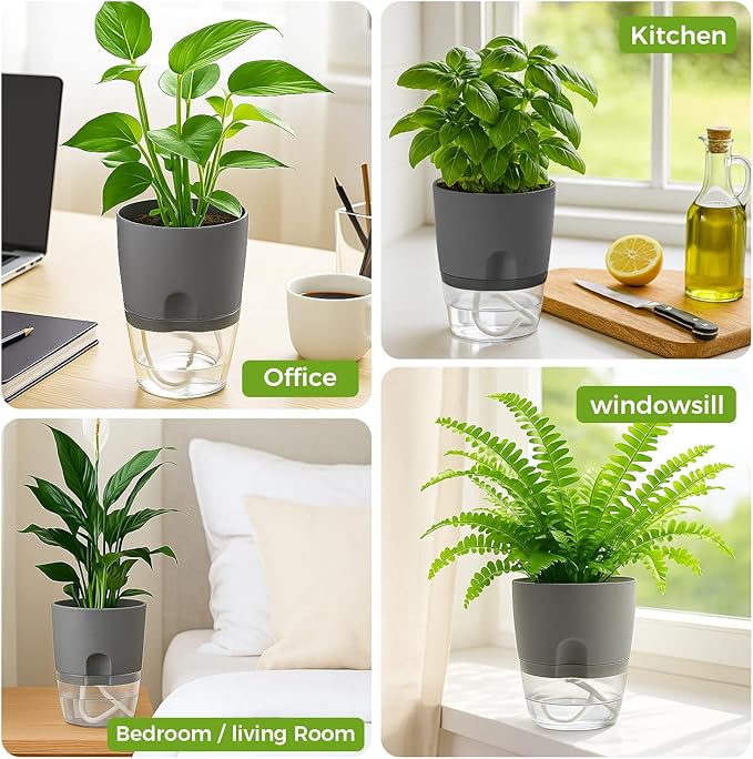 8 Pack Self Watering Pots for Indoor Plants, PlanterHoma 3.2 Inch Plant Pot Plastic Self Watering Planter for Orchid, African Violet, Mini Clear Flower Pots with Drainage Holes and Wicking Rope, Grey