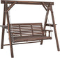 Outsunny 3 Seat Porch Swing with Stand, Wooden Patio Swing Chair with Side Tables and Metal Chains, Outdoor Swing Bench for Garden, Poolside, Backyard, Carbonized Brown