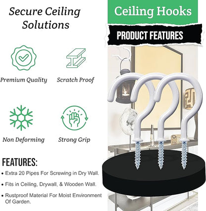 20 Pcs Ceiling Hooks for Hanging Plants - 2.9 inches Heavy Duty, Hanging Hooks for Christmas Lights, Cups, Decors - White Vinyl Coated Screw in Plant Hanger Hook Indoor and Outdoor