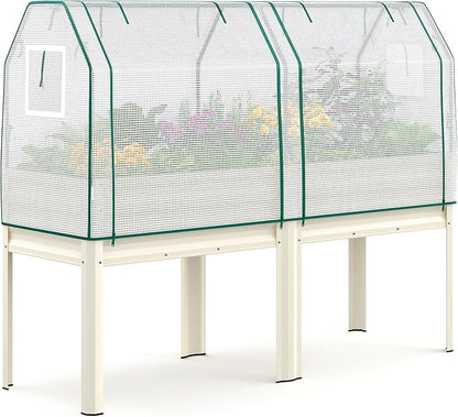 KING BIRD Large Raised Garden Bed with Netting Galvanized Elevated Planter Box with Legs 72×23×55 in for Backyard, Patio, Balcony, 700lb Capacity, Beige