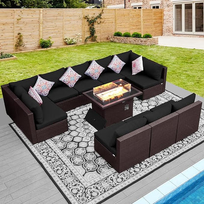 NICESOUL 11 Piece L-Shaped Outdoor Patio Furniture Set with Fire Pit Natural Gas/Propane, 29.3'' High Back Conversation Set, Extra Large Deep Couch Sofa Sectional Sets, Brown Rattan and Black Cushion