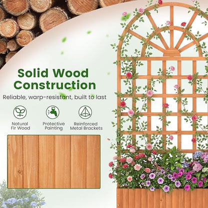Giantex Wooden Raised Garden Bed with Arched Trellis Set 2, 71” Fir Wood Outdoor Elevated Planter Box Privacy Screen w/Drainage Holes, Vertical Garden Bed for Climbing Plants, Patio Balcony Backyard