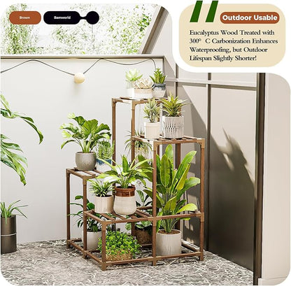 Bamworld Corner Plant Stand Indoor Outdoor Plant Shelf Small Plant Table for Multiple Plants Wooden Plant Holder for Garden Patio Lawn Window Plants Gift,Brown