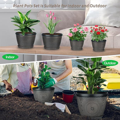 Quarut 10 Inch Flower Pots for Outdoor Indoor, 3 Pack Plastic Plant Pots with Drainage Hole & Tray, Modern Decorative Garden Pot with Saucer, planters for House (Brown)
