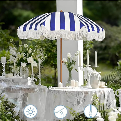 AMMSUN Boho Fringe Umbrella Outdoor Patio, 6.5ft UPF50+ Picnic Umbrella with Tassels with Steel Pole and Push Button Tilt, Navy Stripe