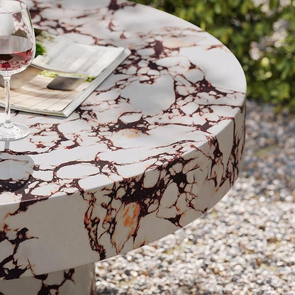 Modway Alora Round Concrete Coffee Table with Faux Stone Finish in Red Marble - Cement Accent Table for Living Room - Stone Patio Center Table - Indoor Outdoor 34 Inch Low Coffee Table