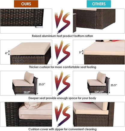 Tangkula 5 Pieces Patio Rattan Furniture Set, Outdoor Sectional Rattan Sofa Set with Back & Seat Cushions, Wicker Conversation Set with Tempered Glass Table for Backyard Porch Poolside (Brown)