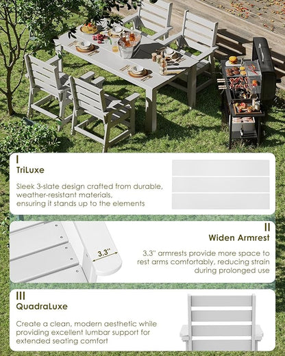 GREENVINES 7-Piece Outdoor Dining Set | HDPE | Patio Table and Chairs Sets for 6 | Patio Furniture | All Weather | Umbrella Hole | White | for Backyard Poolside Garden