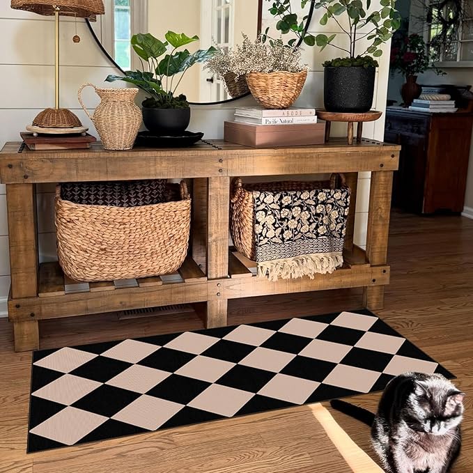 Outdoor Rug Black Checkered Non-Slip Door Mat, 2 x 4.3 Ft