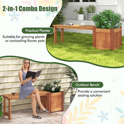 Giantex Set of 2 Outdoor Bench with Raised Garden Beds, 4-in-1 Wood Seat with Teak Oil Finish, Planter Boxes with Open-Ended Base, Garden Bench Seat for Porch Balcony Lawn Yard, DIY Assembly