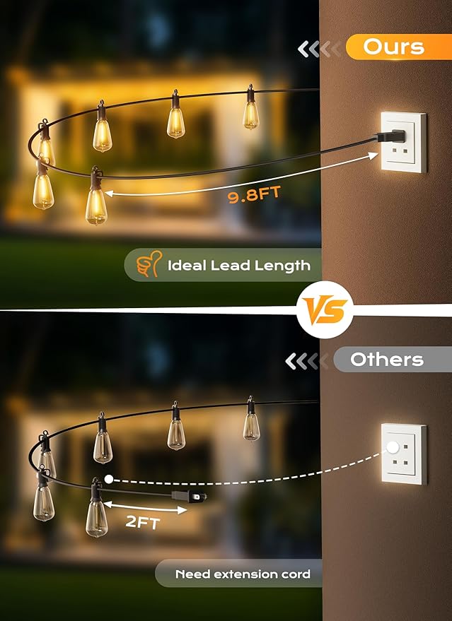 String Lights, 200 FT Black Patio Strand with 64 Warm White ST38 Bulbs