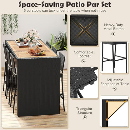 Tangkula 7 Piece Patio Wicker Bar Set, Patiojoy Outdoor Acacia Wood Bar Height Table & 6 Rattan Bar Stool Chairs with Backrest and Footrest, for Bistro Garden Balcony