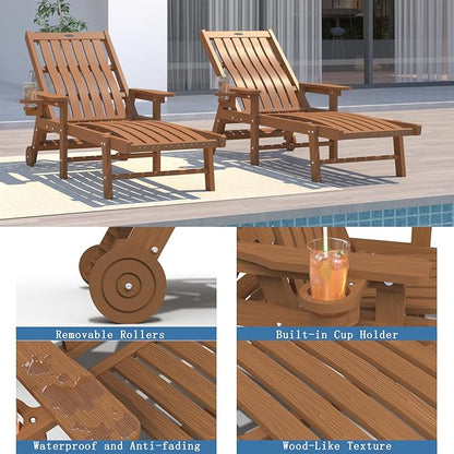 Patio Chaise Lounge Chair, Oversized Lounge Chair Outdoor with 5 Positions, HDPE, Patio Lounge Chair with Wheels & Cup Holder for Pool, Deck, Poolside,Wood