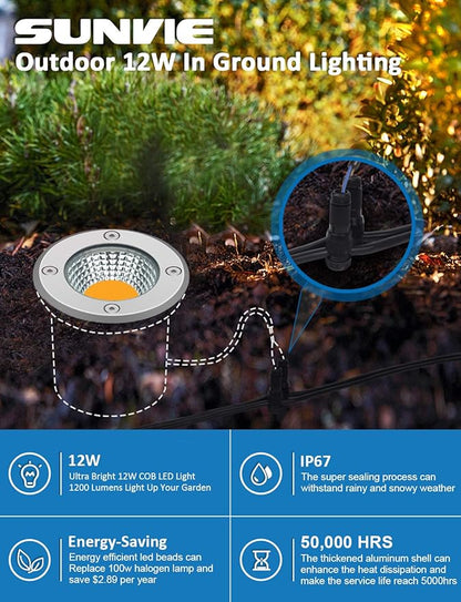 SUNVIE Low Voltage Landscape Well Lights with Wire Connectors, 12W LED, IP67 Waterproof Outdoor In-Ground Garden Lights 12V-24V Warm White for Pathway Driveway Deck (10 Pack & Connectors)