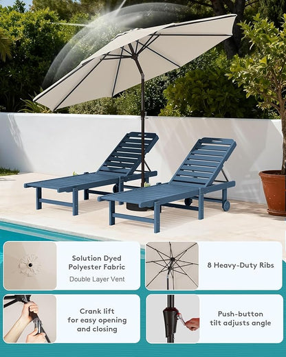 SERWALL Outdoor Chaise Lounge Set of 2 with 9FT Umbrella, HDPE Pool Lounge Chair with 5-Position Adjustable Backrest, Patio Lounger with Rolling Wheels & Cup Holder for Pool, Navy