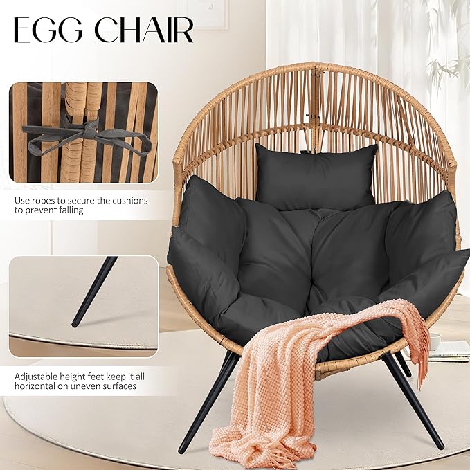 JAMFLY Egg Chair Wicker Outdoor Chairs, Oversized Patio Chair Oversized Lounger Chair with Cushion for Indoor Living Room, Bedroom, Outside Patio Backyard Balcony, Gray Cushion