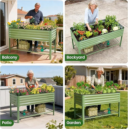 Elevated Raised Garden Bed 2' x 4'- Galvanized Metal Planter Boxes with Legs & Storage Rack, Outdoor Planters for Backyard/Patio/Balcony, with Drainage Holes for Vegetables, Flowers, Herbs, Green